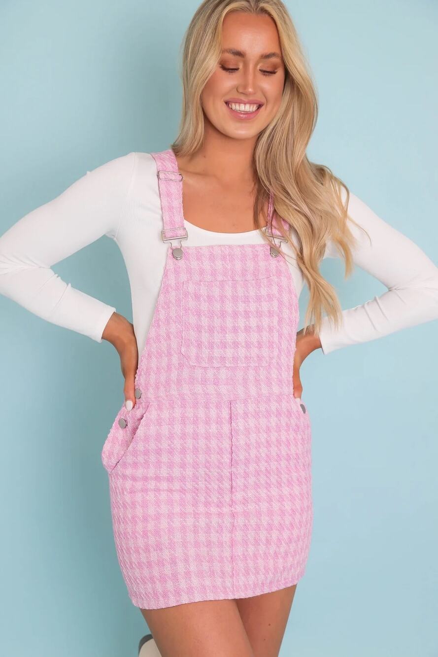 Storia | NEW Better Believe It Pink Houndstooth Preppy Overall Mini Dress Girly